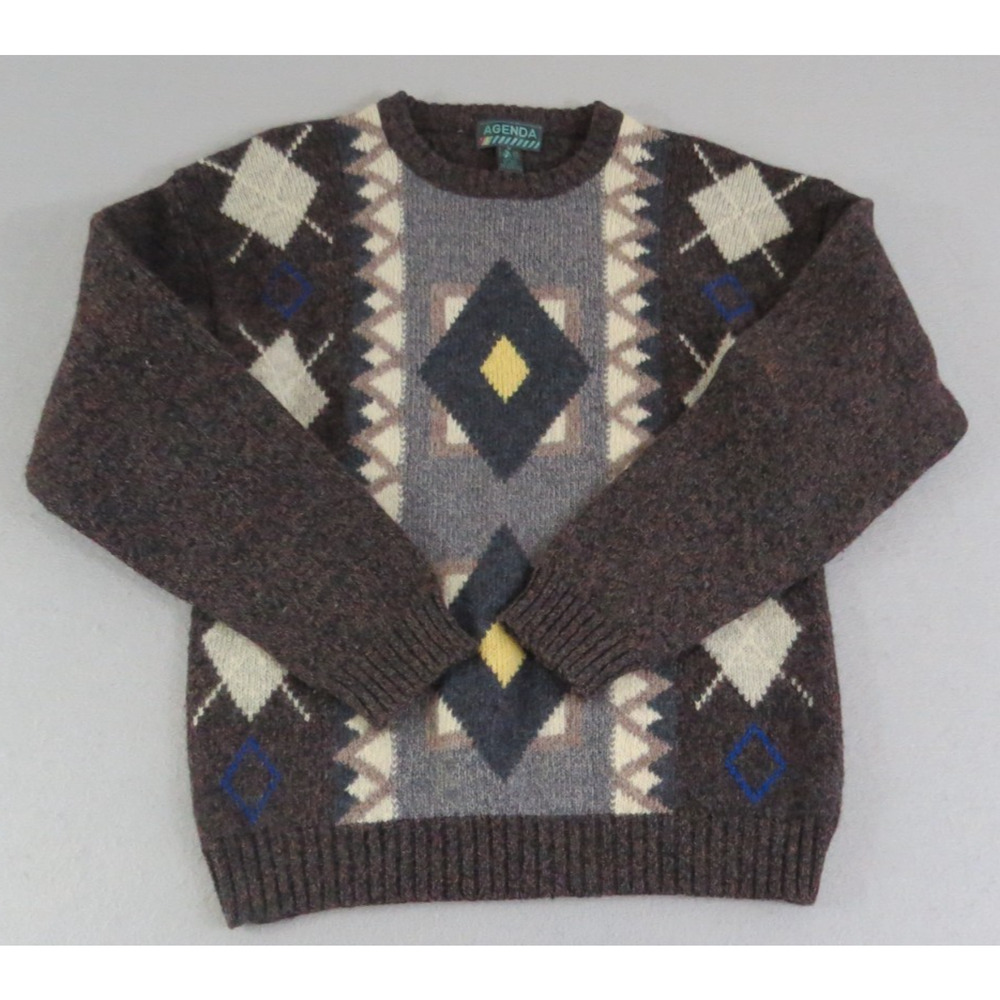 Vintatge Agenda 100% Shetland Wool Aztec Made‎ in Hong Kong Men's Medium Sweater